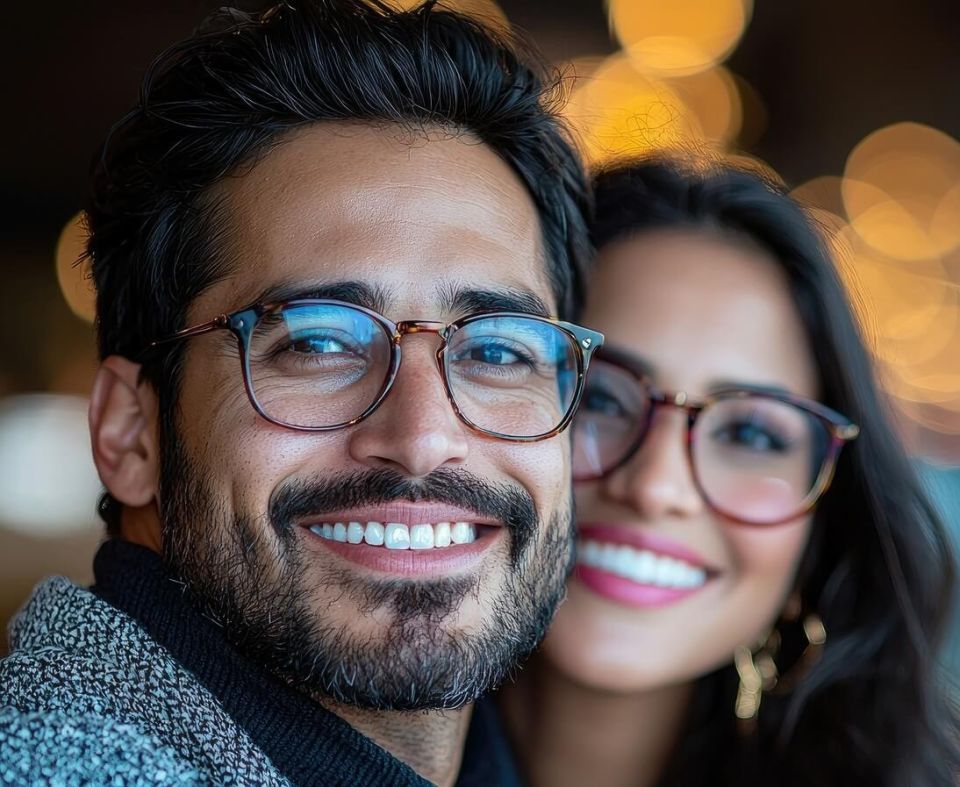 Pareja con gafas sonriendo en primer plano